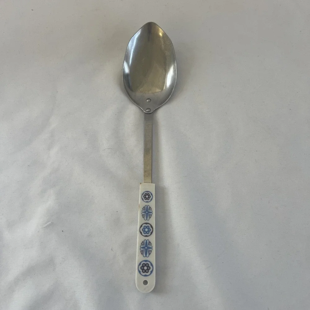 Vtg‎ Ace USA Stainless Large Serving Spoon Geometric Flower White Blue Purple